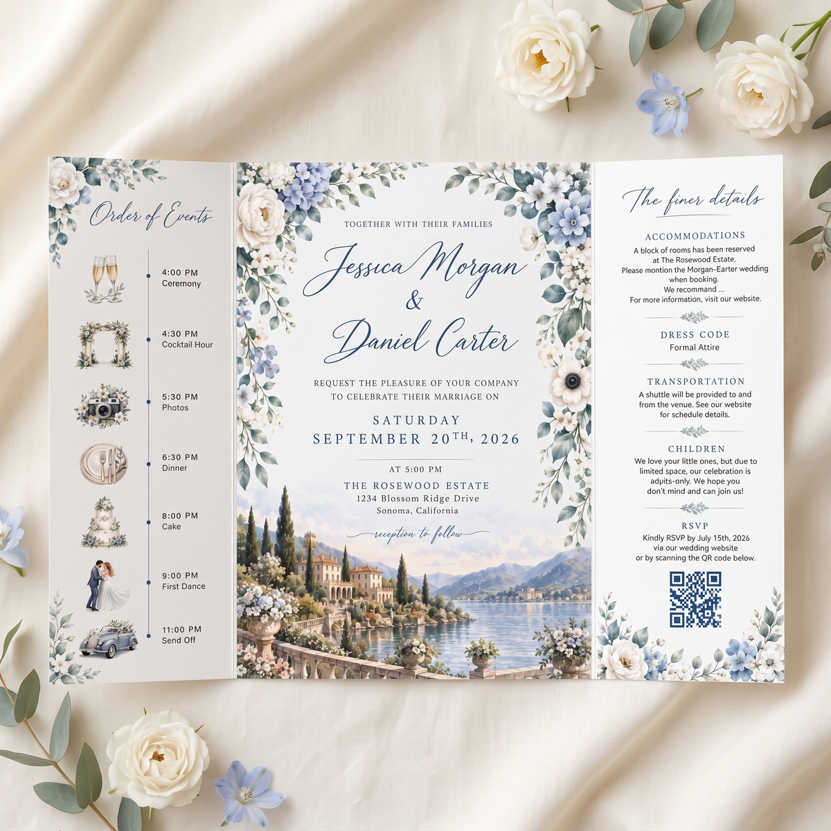 Personalized Blue Floral Wedding Invitation Suite, Luxury Destination Wedding Invitations, Custom Wedding Invitation Set
