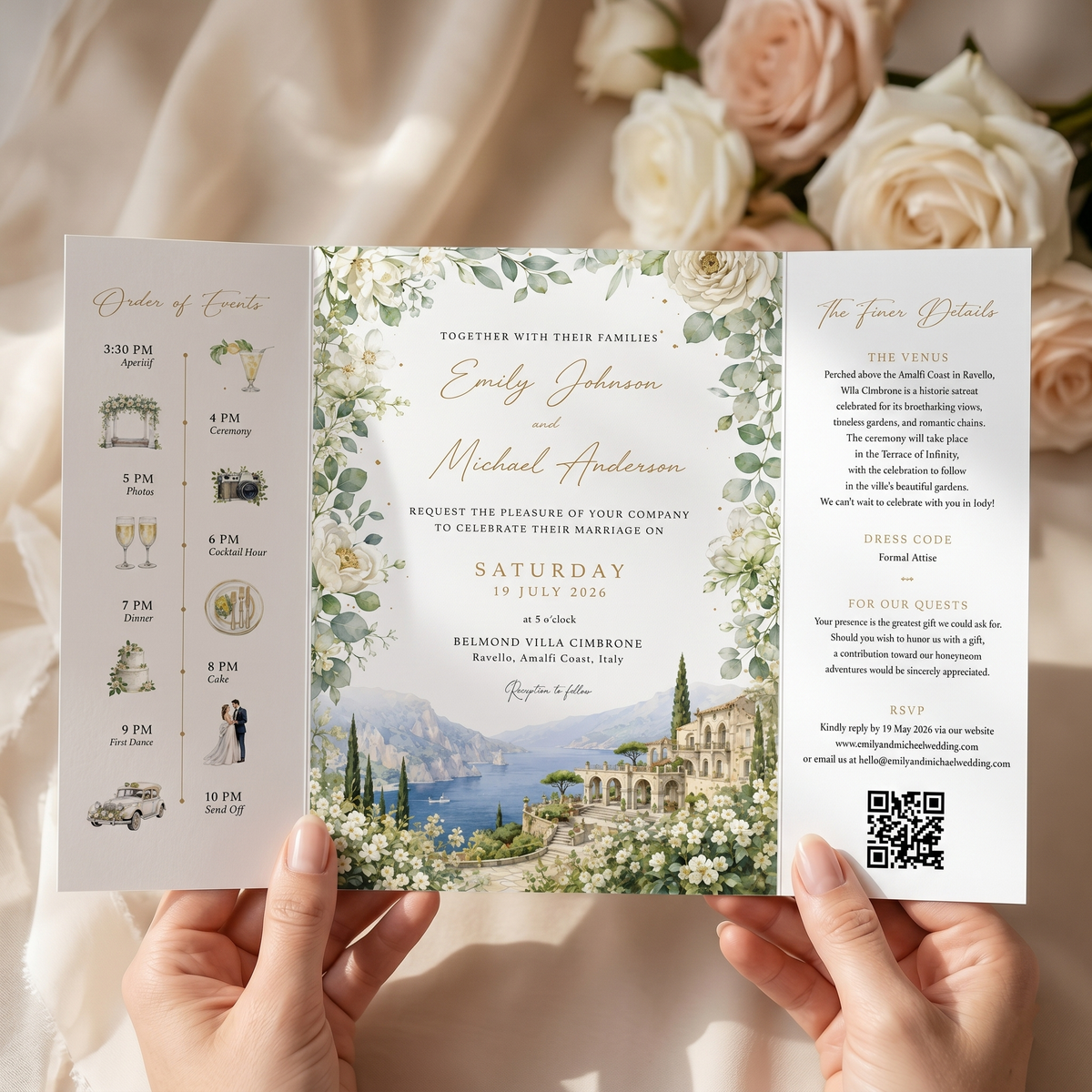 Personalized Amalfi Coast Wedding Invitation, Italy Destination Wedding Invitation, Watercolor Villa Gatefold Invitati
