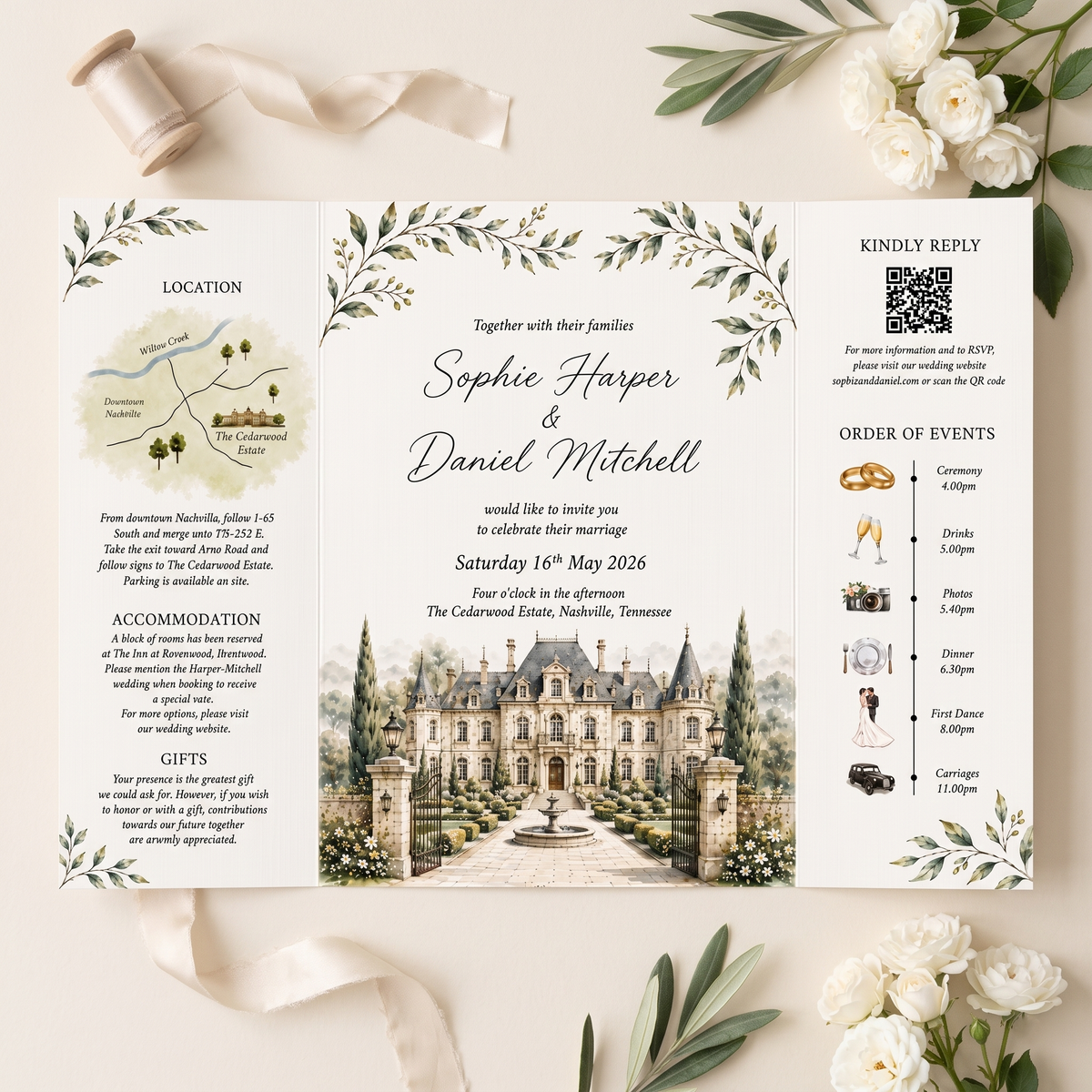 Custom Watercolor Wedding Invitation Suite, Personalized Estate Venue Wedding Invitations, Luxury Garden Wedding Stationery