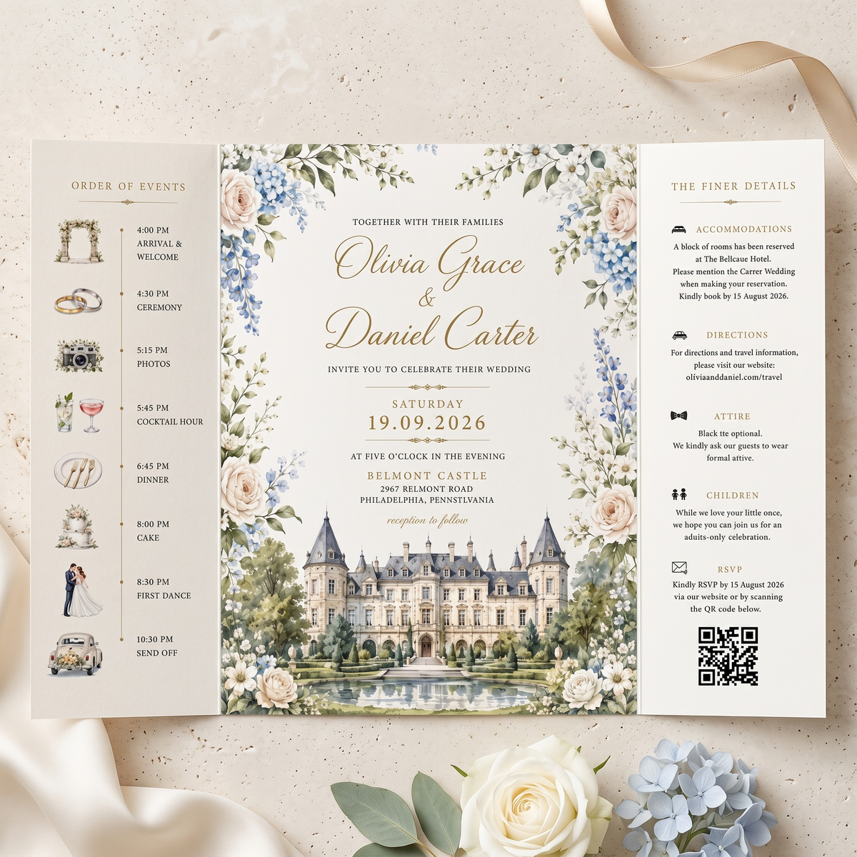 Personalized Castle Wedding Invitation Suite, Luxury Floral Wedding Invitations, Custom Venue Illustration, RSVP & QR Code