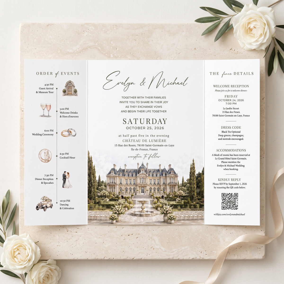 Personalized Château Wedding Invitation Suite | Luxury French Estate Wedding Invitations with Custom Venue Illustration & RSVP