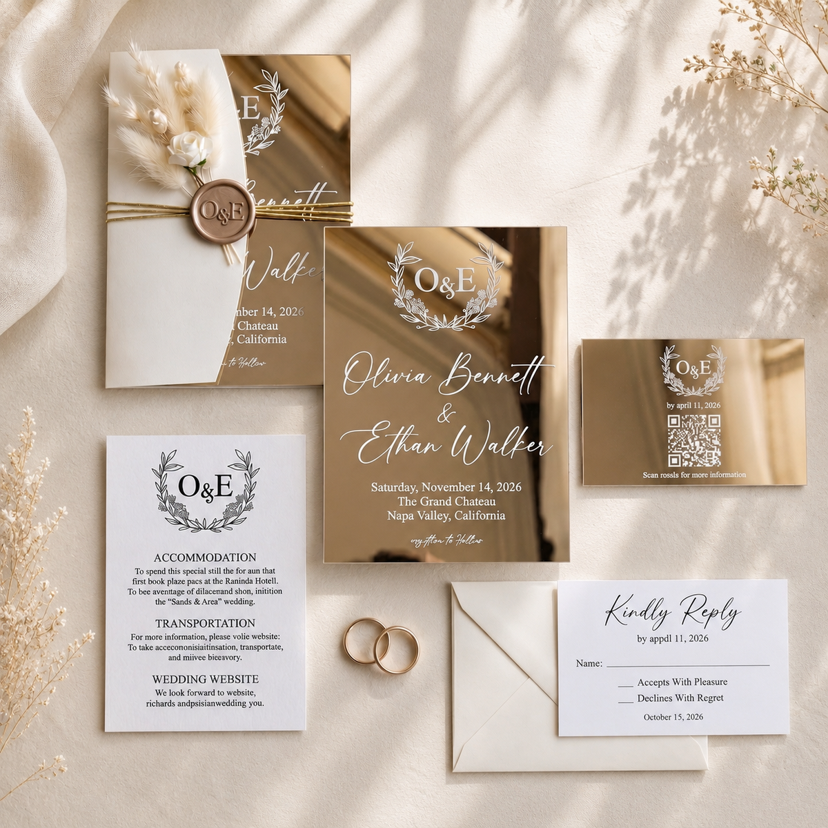 Luxury Gold Mirror Acrylic Wedding Invitation, Personalized Wedding Invite Suite with QR RSVP Card, Details Card & Envelope