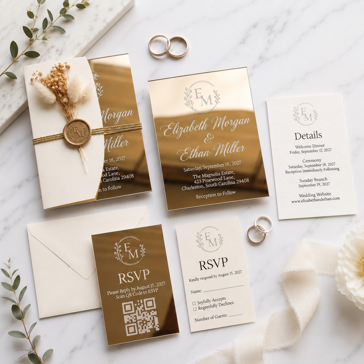 Luxury Gold Mirror Acrylic Wedding Invitation Suite, Personalized Wedding Invite with Cream Envelope, RSVP Card & Details Card