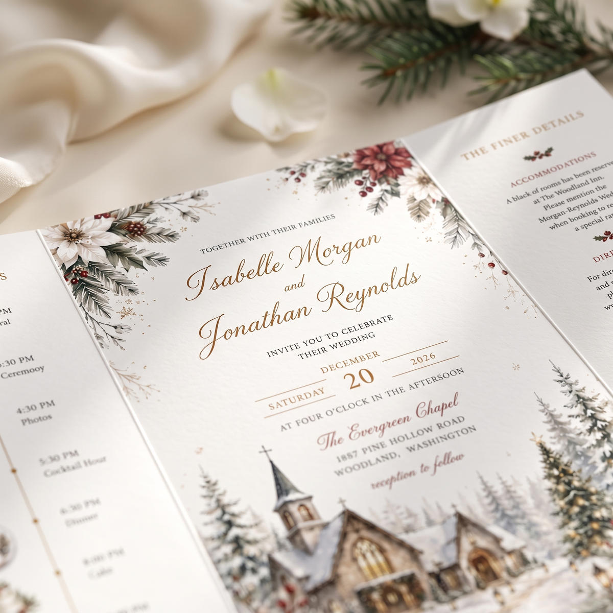 Custom Christmas Wedding Invitations, Winter Church Venue Illustration, Holiday Wedding Invitation Suite, Personalized Luxury Stationery