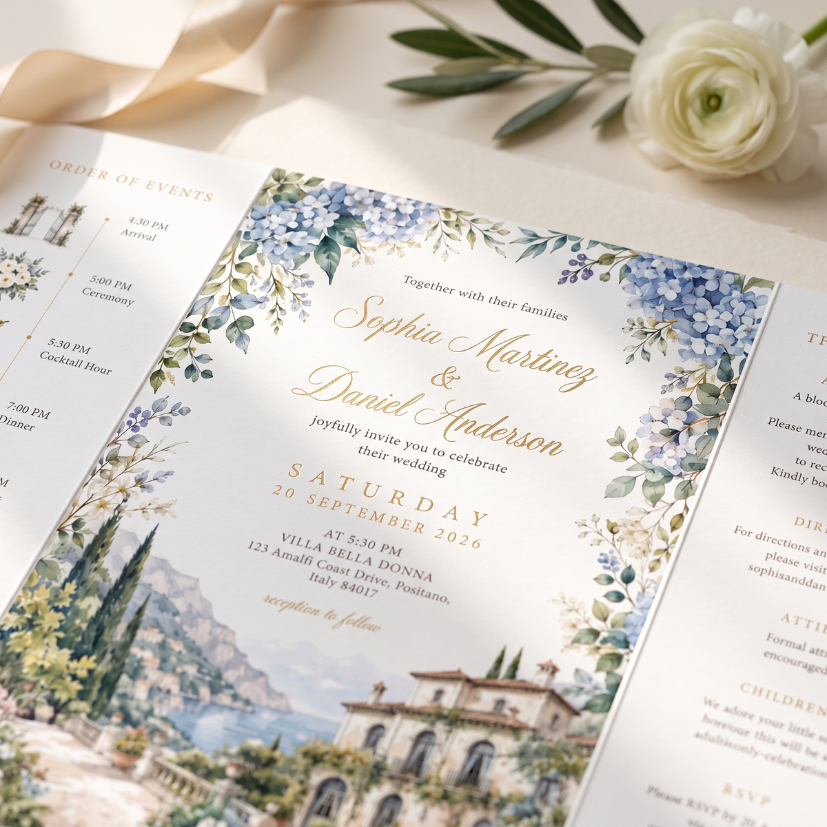 Watercolor Italian Wedding Invitations, Personalized Venue, Luxury Floral Wedding Invitation Suite