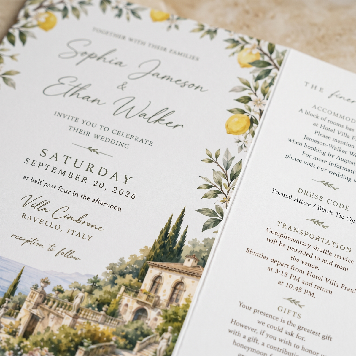 Custom Italian Wedding Invitations, Amalfi Coast Venue Illustration, Lemon Floral Wedding Invitation Suite, Luxury Personalized Stationery