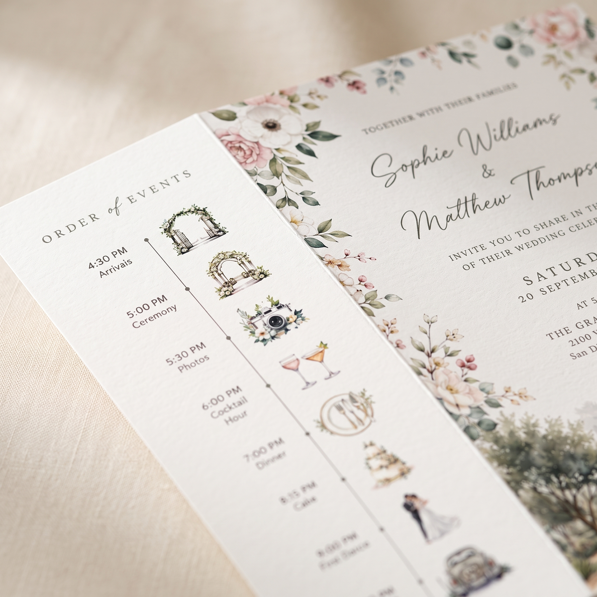 Custom Garden Wedding Invitations, Watercolor Venue Illustration, Floral Wedding Invitation Suite, Personalized Luxury Wedding Stationery