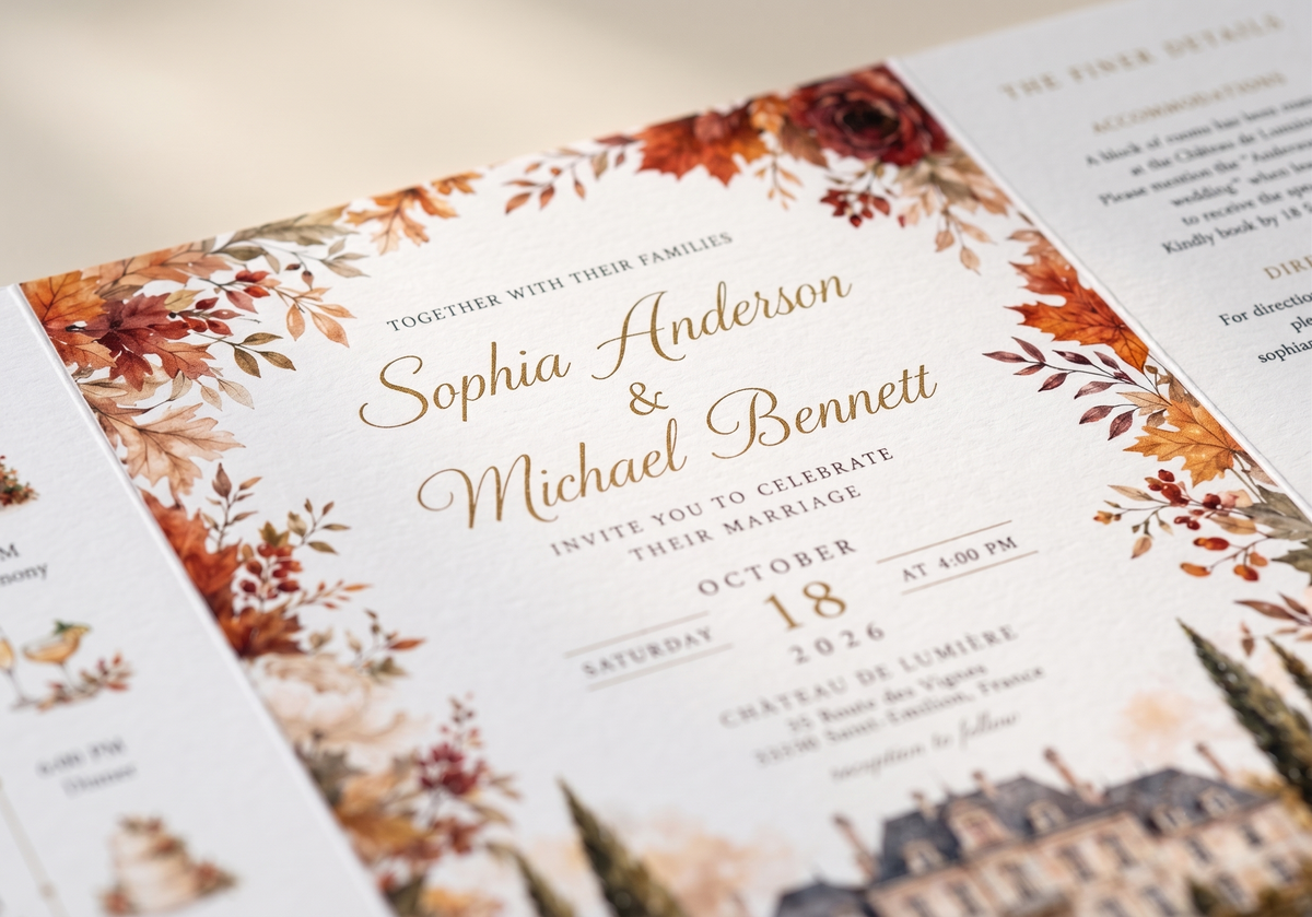 Personalized Autumn Chateau Wedding Invitations, Fall Floral Wedding Invitation Suite, Custom Venue Illustration, RSVP QR Code