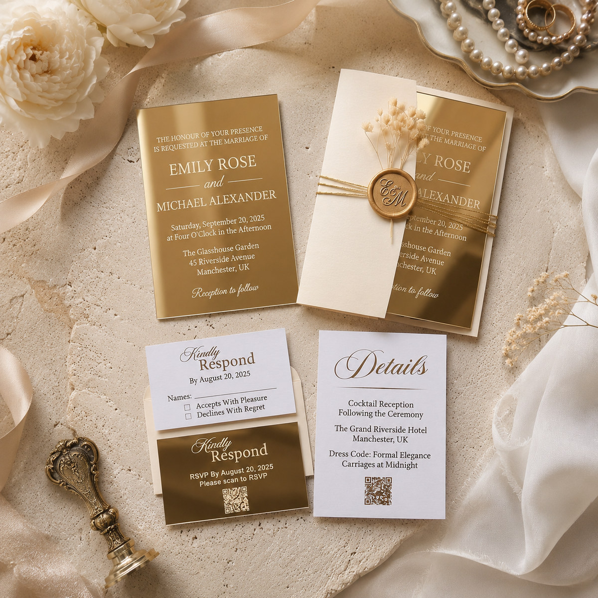 Gold Mirror Acrylic Wedding Invitation Suite, Personalized Wedding Invitations with RSVP QR Code, Luxury Gold Wedding Stationery, Details & RSVP Cards