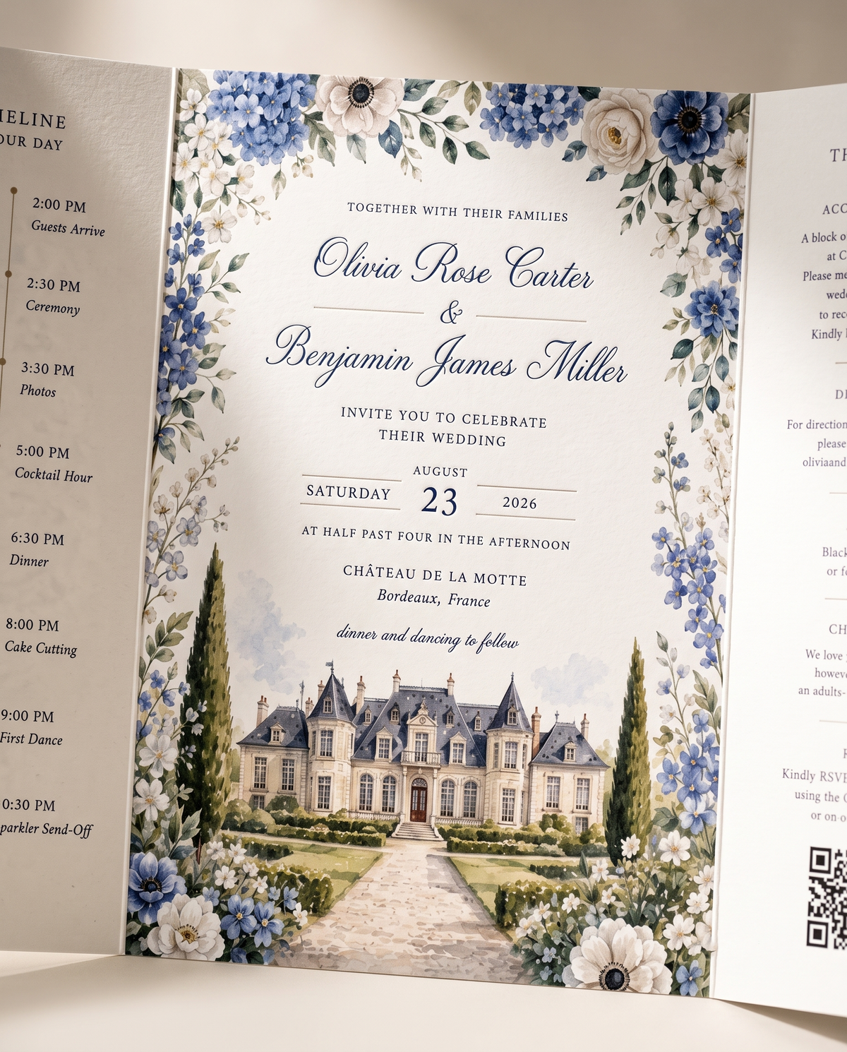 Personalized French Chateau Wedding Invitations, Blue Floral Wedding Invitation Suite, Custom Venue Illustration, RSVP QR Code