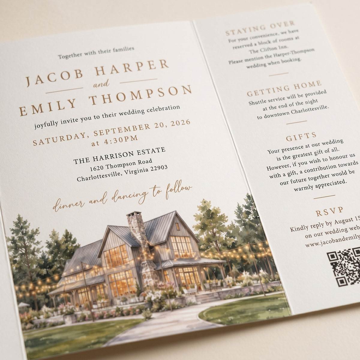 Personalized Rustic Barn Wedding Invitations, Watercolor Venue Illustration, Elegant Farmhouse Wedding Invitation Suite, Custom RSVP & Details Card