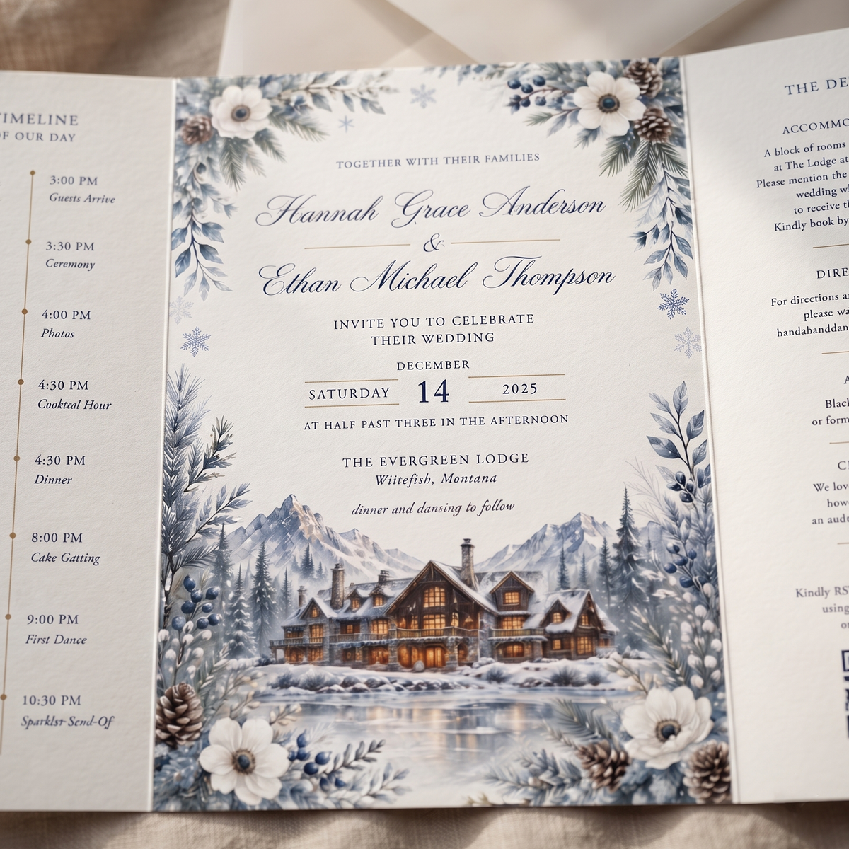 Winter Wedding Invitation Suite, Snowy Mountain Lodge Wedding, Christmas Wedding Invitations, Watercolor Pine Floral Invite, Personalized Wedding Stationery