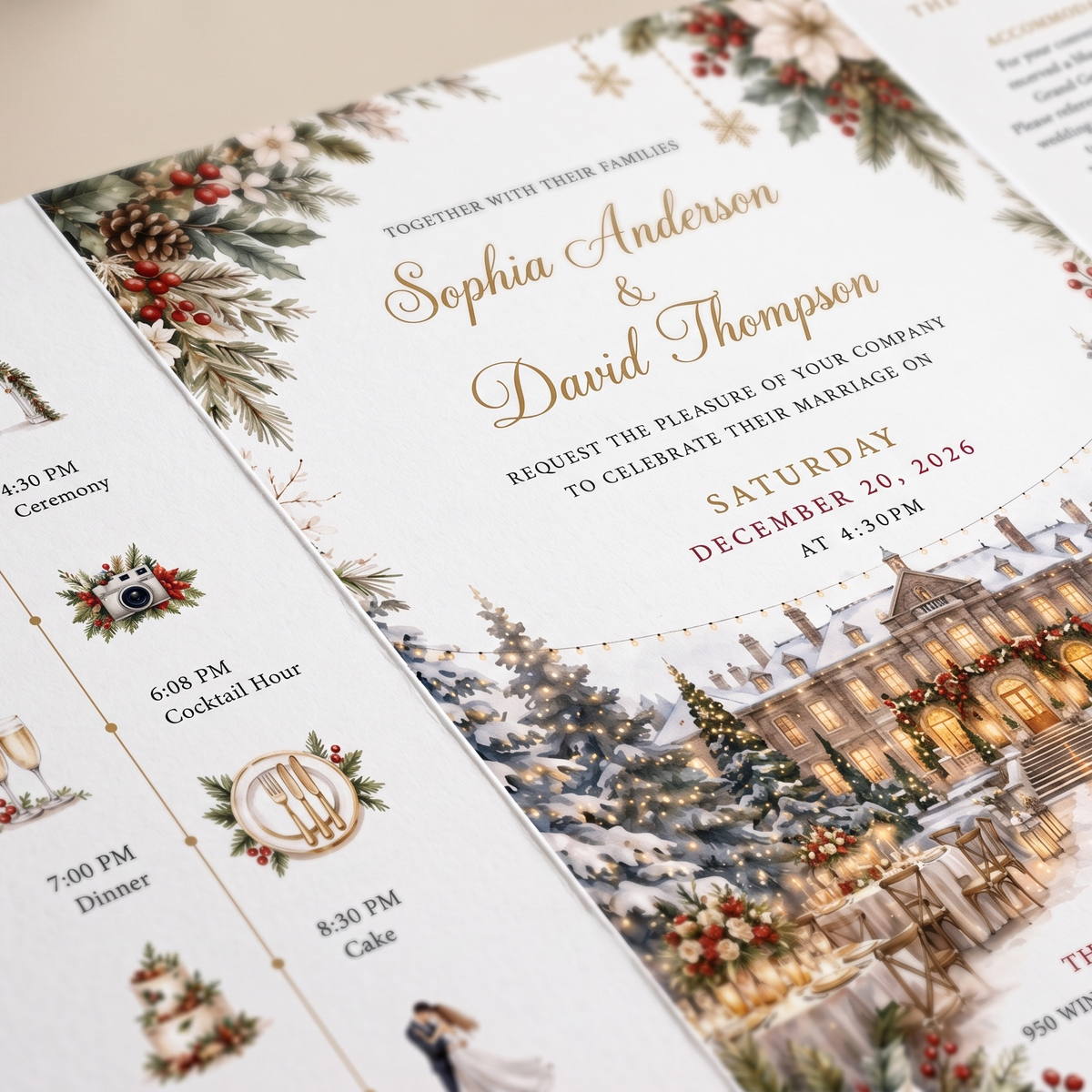 Christmas Wedding Invitations, Elegant Winter Wedding Invitation Suite, Personalized Holiday Wedding Invites, Snowy Estate Wedding Stationery
