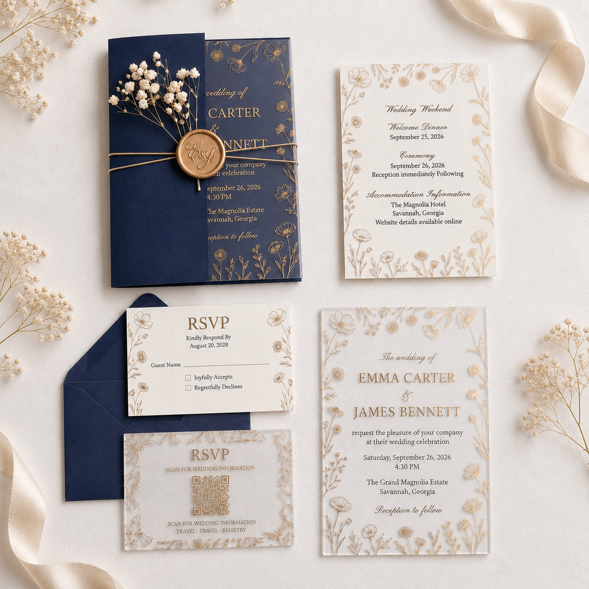 Luxury Clear Acrylic Wedding Invitation Suite, Personalized Gold Floral Wedding Invite with Navy Blue Envelope, RSVP & QR Code Card