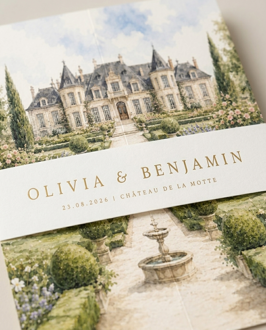 Personalized French Chateau Wedding Invitations, Blue Floral Wedding Invitation Suite, Custom Venue Illustration, RSVP QR Code