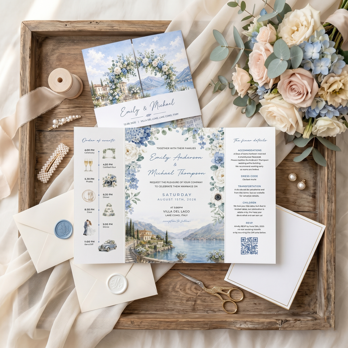 Personalized Mediterranean Wedding Invitation Suite | Elegant Floral Venue Invitations with Custom RSVP & QR Code