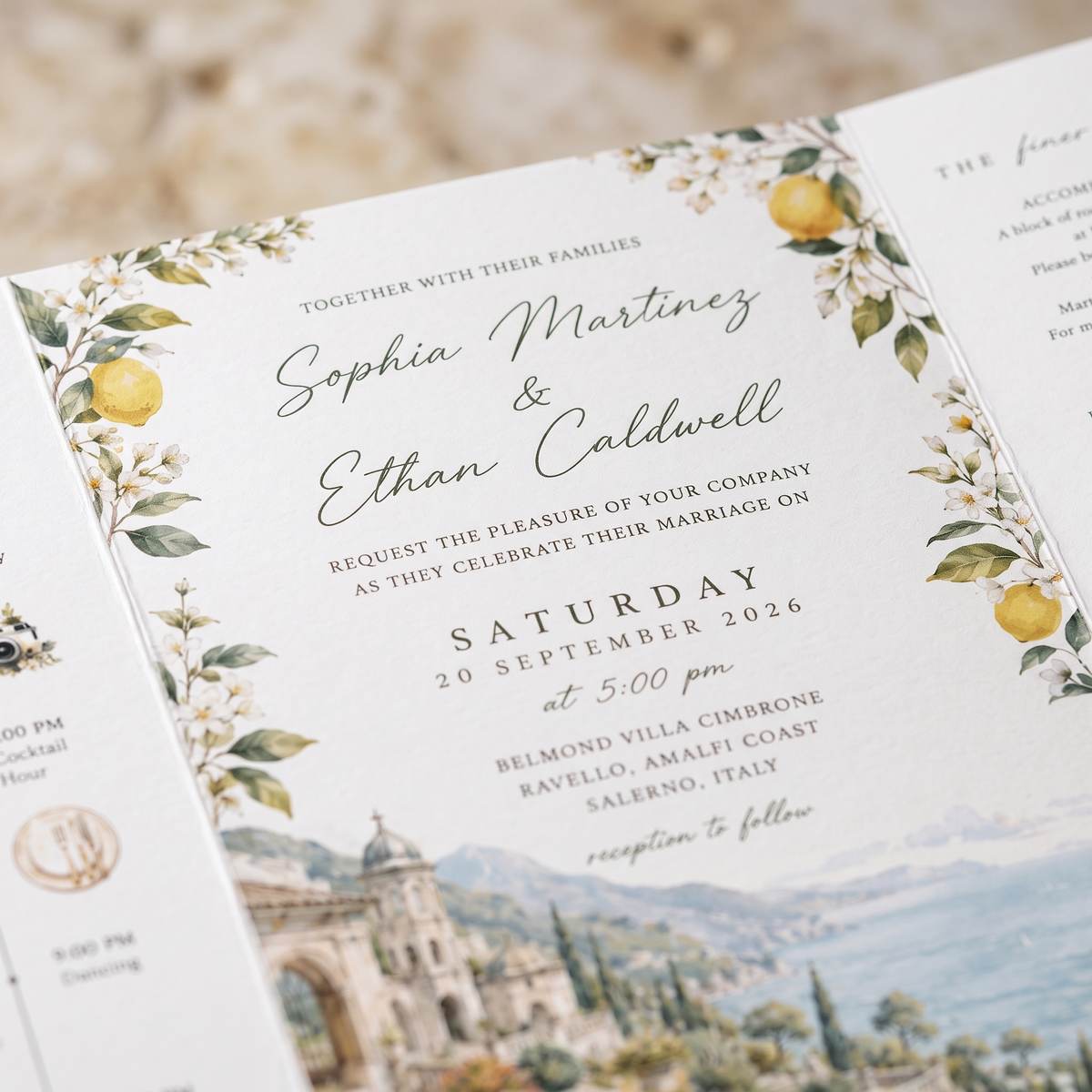 Amalfi Coast Lemon Wedding Invitations, Italian Riviera Destination Wedding Invitation Suite, Watercolor Villa Wedding Invite, Personalized