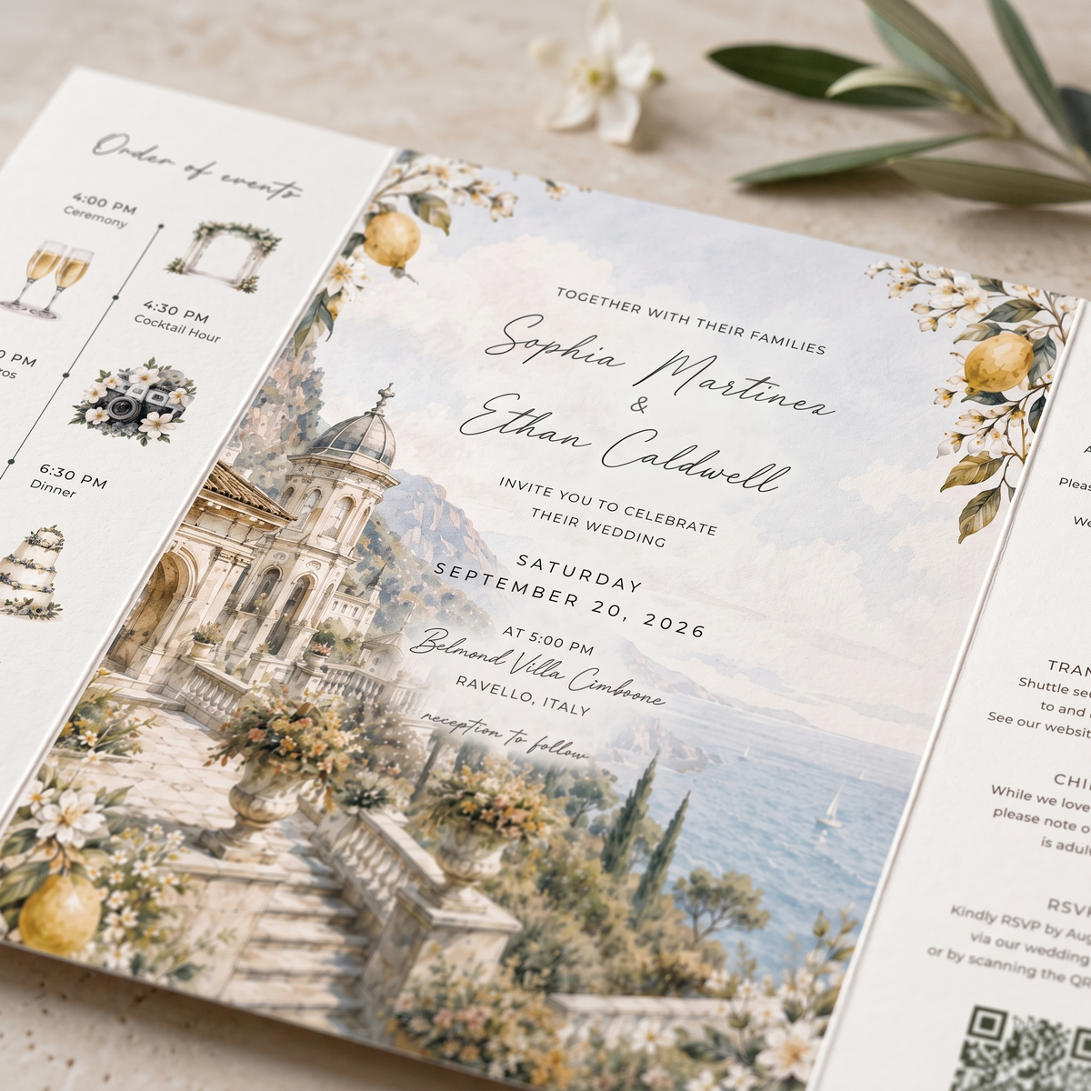 Amalfi Coast Lemon Wedding Invitation Suite, Italy Wedding Invitations, Personalized Destination Wedding Invite