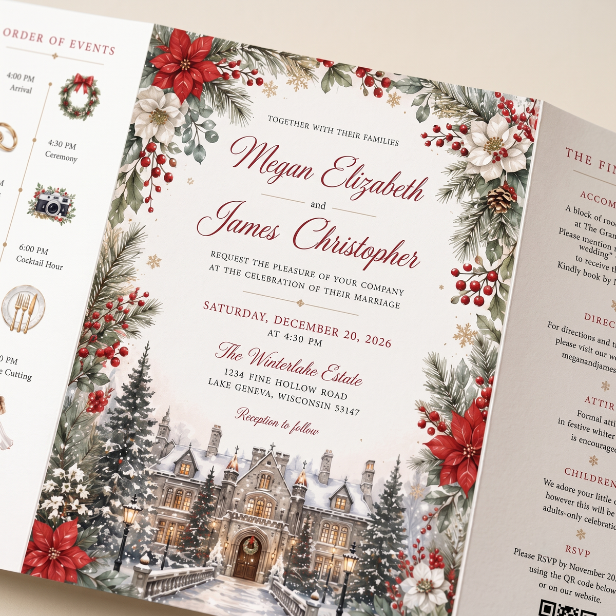 Winter Wedding Invitations, Elegant Christmas Wedding Invitation Suite, Watercolor Winter Castle, Personalized Holiday Wedding Invites