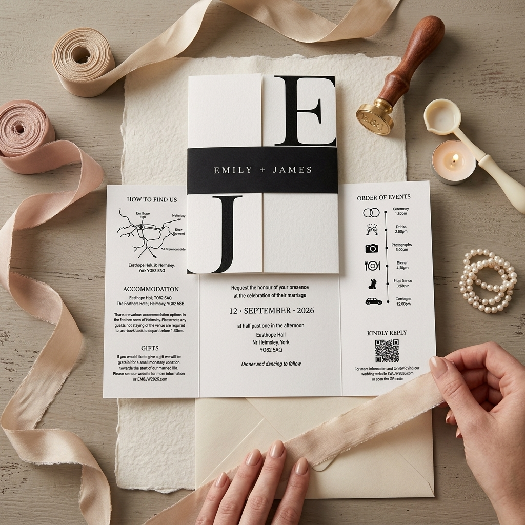 Modern Black and White Wedding Invitation, Personalized Monogram Invitation Suite with RSVP Card