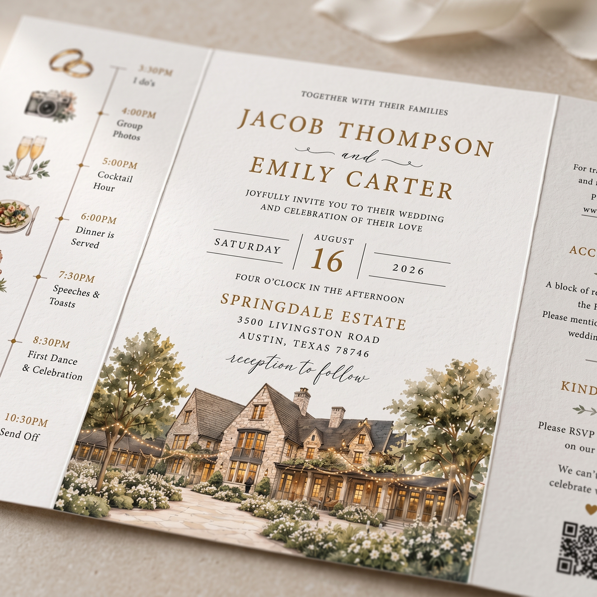 Custom Watercolor Wedding Invitations, Personalized Venue Illustration, Elegant Estate Wedding Invitation Suite, Luxury Wedding Invites