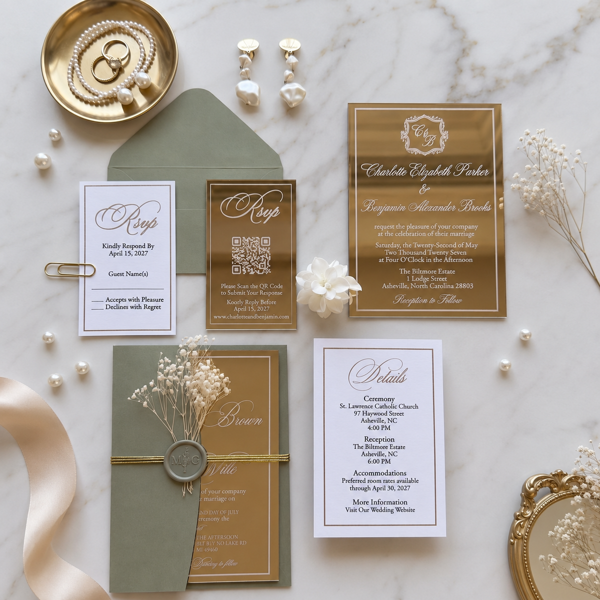 Luxury Gold Mirror Acrylic Wedding Invitations Suite, Sage Green Wedding Invites, Personalized RSVP & Details Cards, Quinceanera Invitation Set