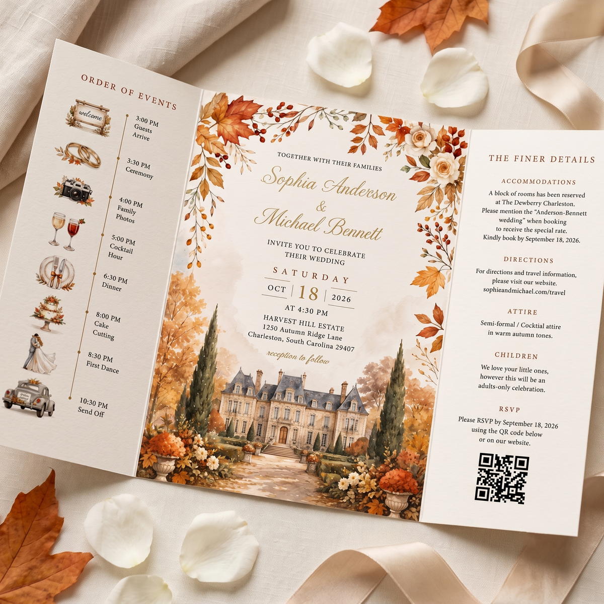 Personalized Fall Wedding Invitations, Autumn Chateau Wedding Invitation Suite, Custom Venue Illustration, RSVP QR Code, Elegant Floral Invite