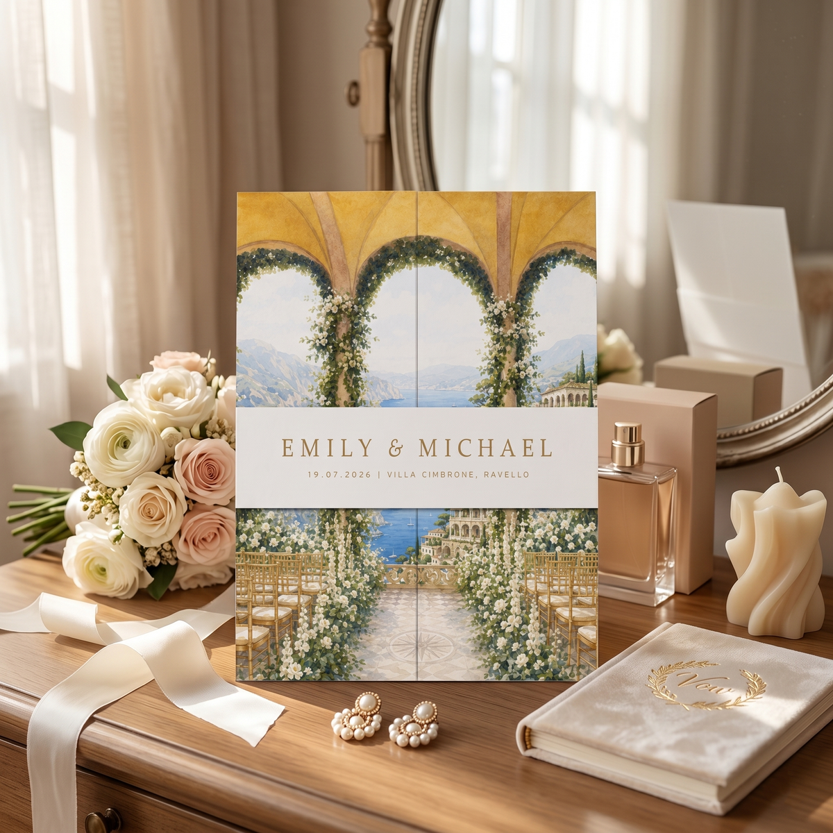 Personalized Amalfi Coast Wedding Invitation, Italy Destination Wedding Invitation, Watercolor Villa Gatefold Invitati