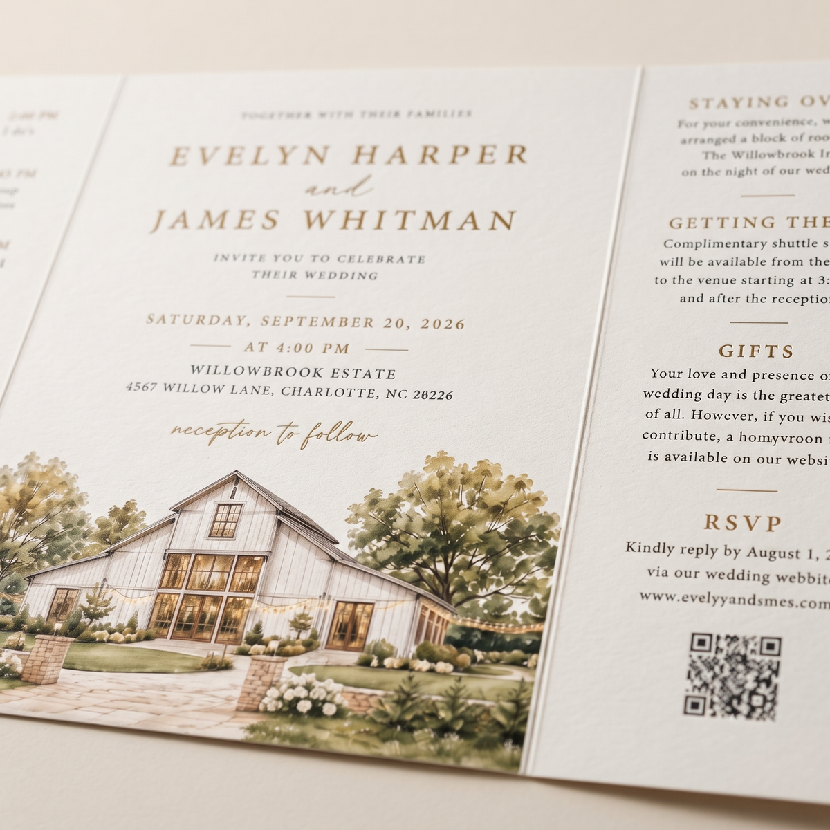 Personalized Rustic Barn Wedding Invitations, Watercolor Venue Illustration, Elegant Wedding Invitation Suite, Custom RSVP & Details Card