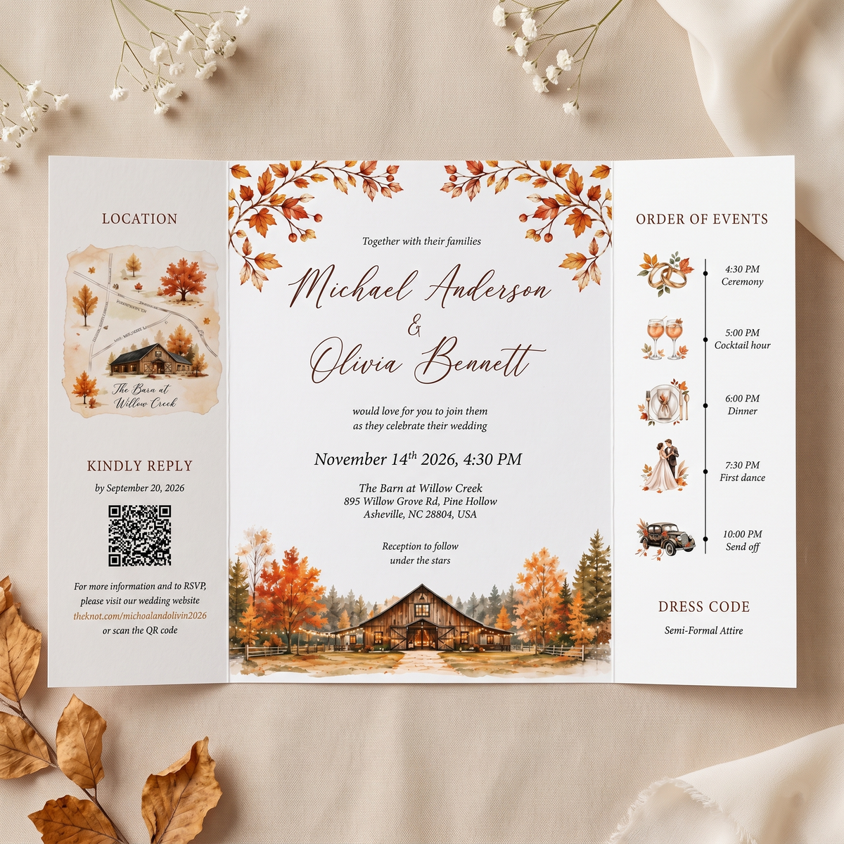 Custom Fall Wedding Invitations, Personalized Barn Venue Watercolor Wedding Suite, Rustic Autumn Wedding Stationery