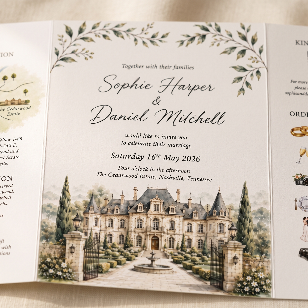 Custom Watercolor Wedding Invitation Suite, Personalized Estate Venue Wedding Invitations, Luxury Garden Wedding Stationery