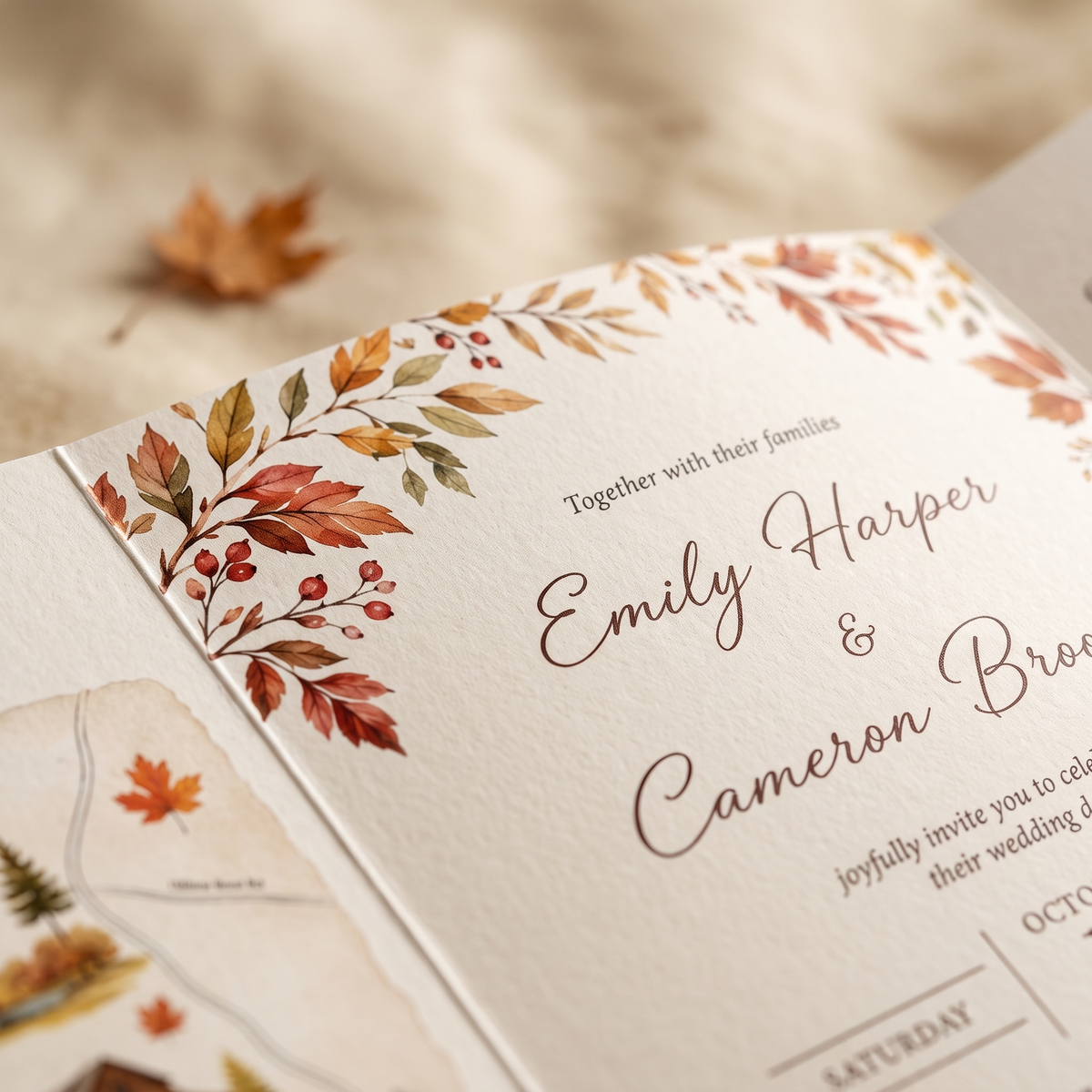 Custom Fall Wedding Invitation Suite, Personalized Barn Venue Watercolor Invitations, Rustic Autumn Wedding Stationery