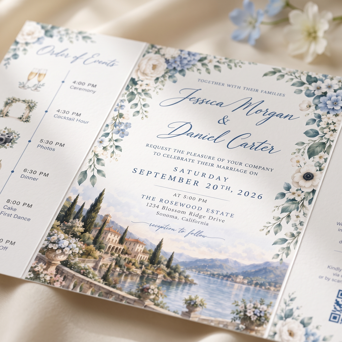 Personalized Blue Floral Wedding Invitation Suite, Luxury Destination Wedding Invitations, Custom Wedding Invitation Set
