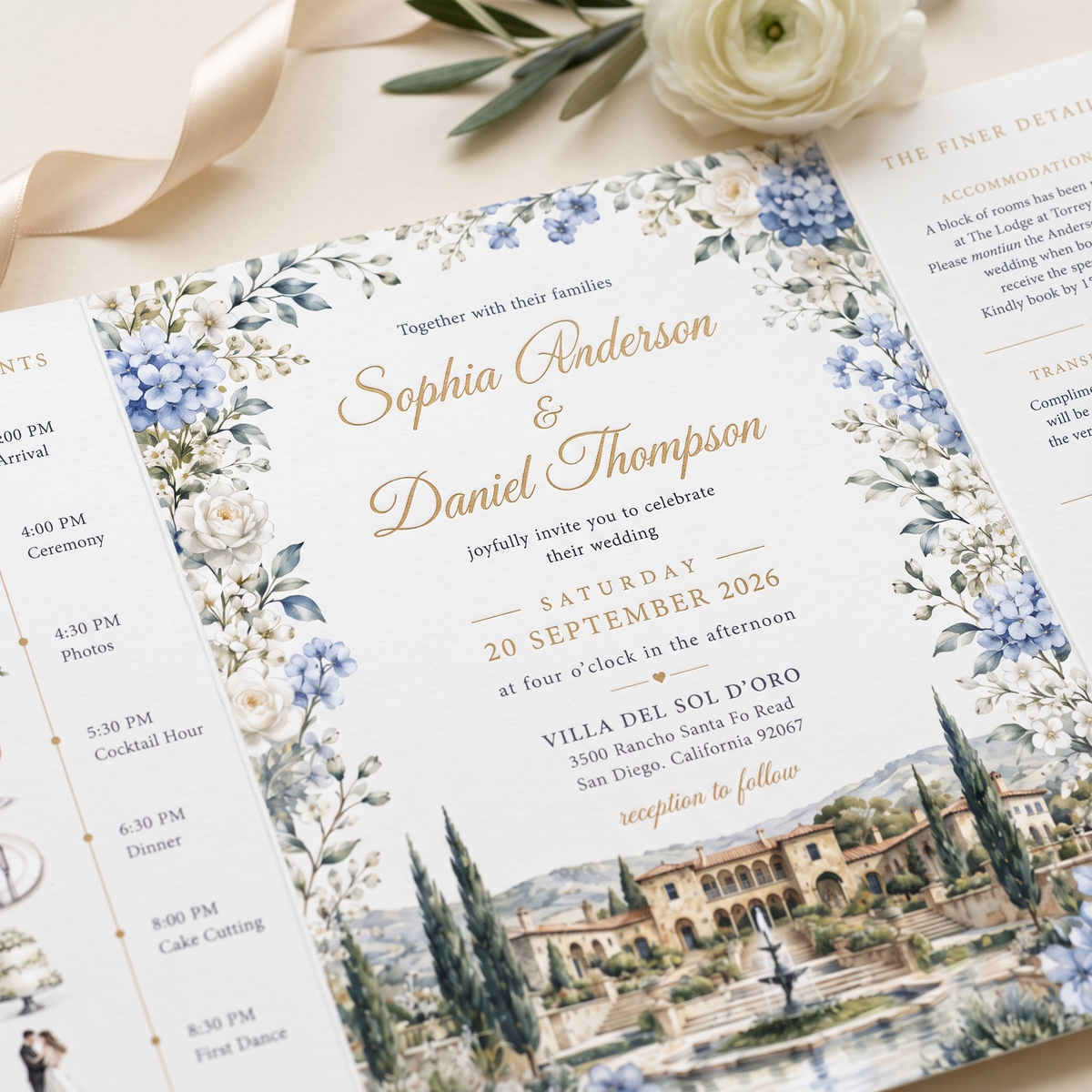 Personalized Villa Wedding Invitation Suite | Luxury Floral Wedding Invitations with Custom Venue Illustration & RSVP