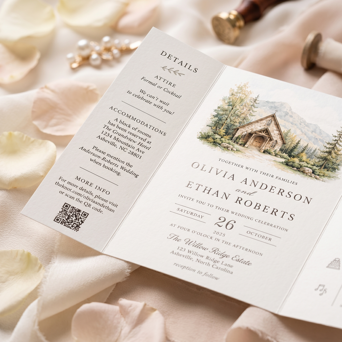 Personalized Wedding Invitation, Custom Venue Watercolor Illustration, Rustic Wedding Invitation Suite