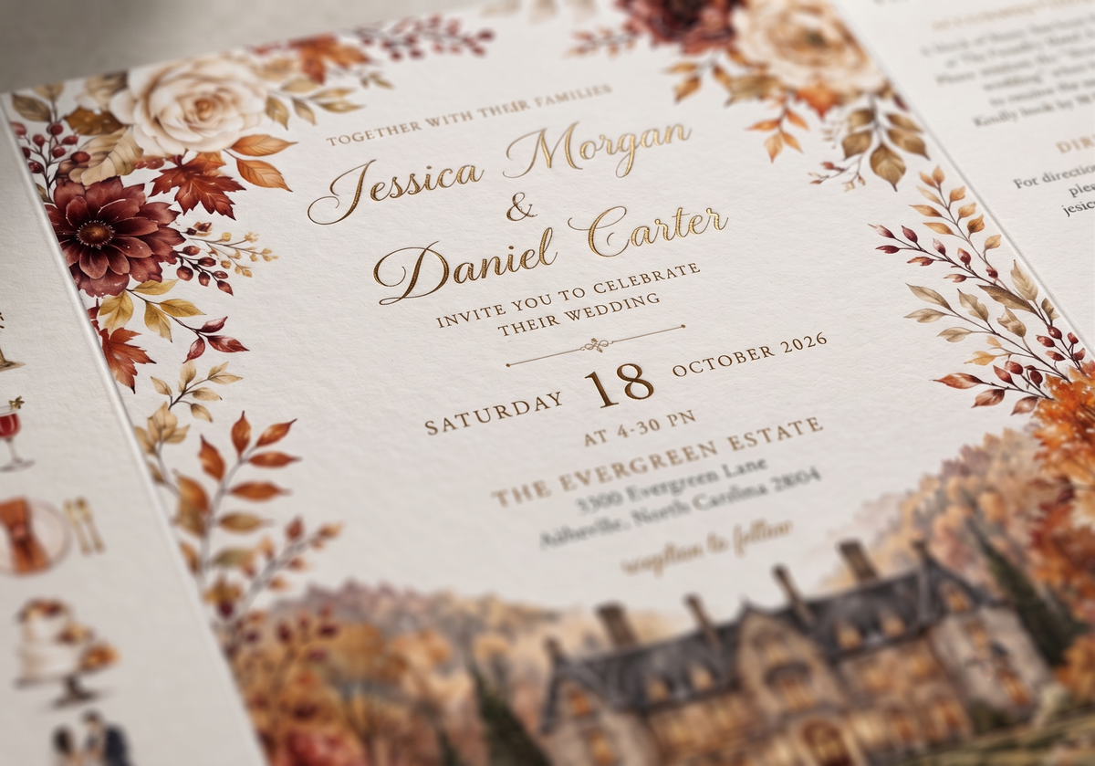 Autumn Wedding Invitation Suite, Fall Wedding Invitation, Watercolor Estate Venue, Floral Wedding Invite, Personalized Wedding Stationery