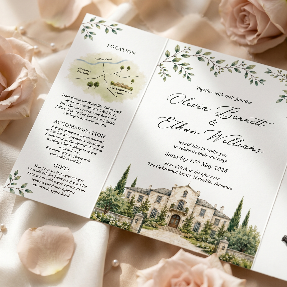 Personalized Wedding Invitation, Watercolor Venue Illustration, Folded Wedding Invitation with RSVP QR Code, Custom Venue Wedding Suite