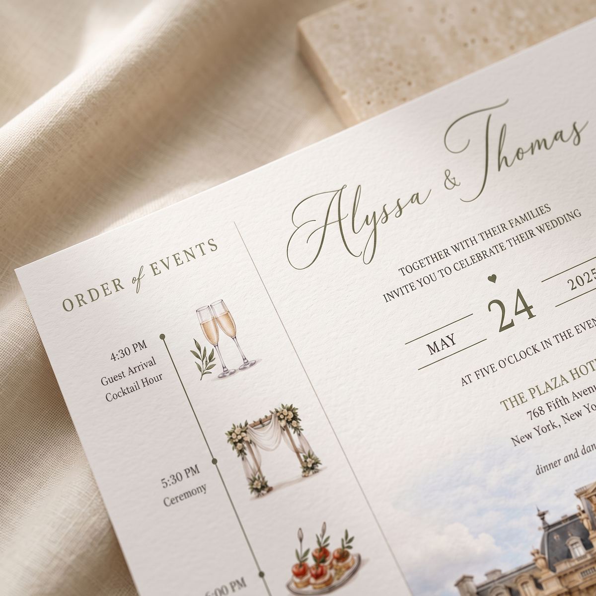 Personalized Luxury Wedding Invitation Suite | Custom Wedding Venue Illustration, Elegant RSVP & QR Code