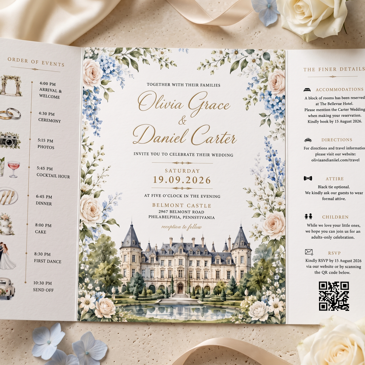 Personalized Castle Wedding Invitation Suite, Luxury Floral Wedding Invitations, Custom Venue Illustration, RSVP & QR Code