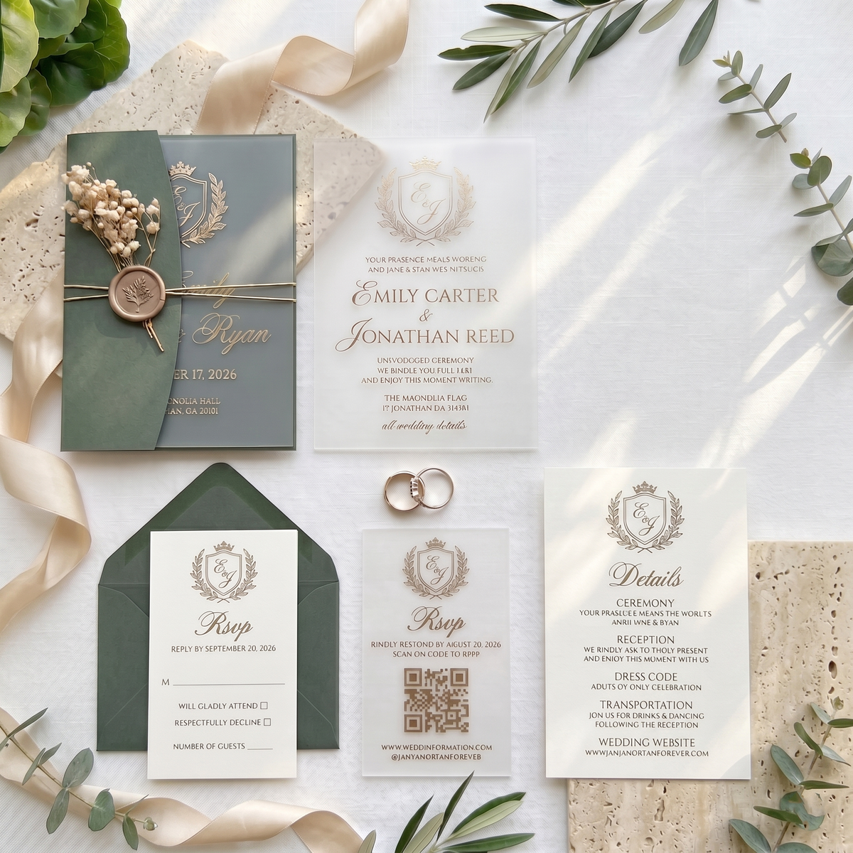 Minimalist Frosted Acrylic Wedding Invitation, Modern Custom Wedding Invite with QR RSVP, Wax Seal & Envelope, Elegant Green Wedding Stationer