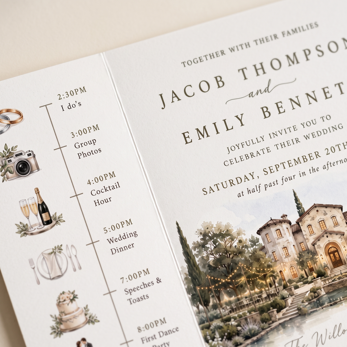 Personalized Mediterranean Wedding Invitations, Luxury Villa Wedding Invitation Suite, Watercolor Venue Illustration, Custom RSVP & Details Card