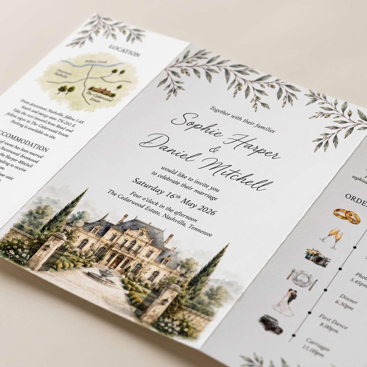 Custom Watercolor Wedding Invitations, Personalized Estate Venue Wedding Suite, Luxury Botanical Garden Wedding Stationery