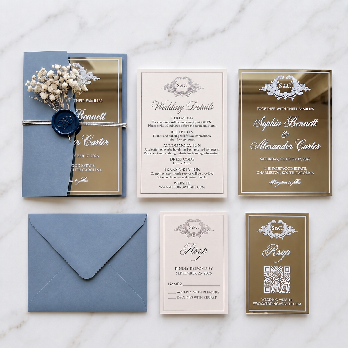 Elegant Silver Mirror Acrylic Wedding Invitation, Personalized Wedding Invite with Dusty Blue Envelope, RSVP QR Card & Details Card
