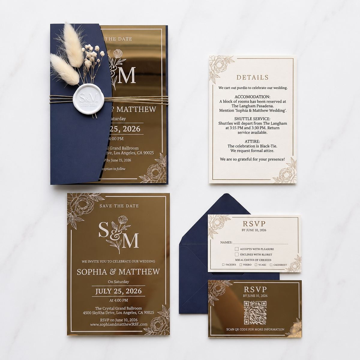 2mm Gold Mirror Acrylic Wedding Invitation Suite, Elegant Personalized Wedding Invite with Navy Blue Envelope, RSVP & QR Code Card