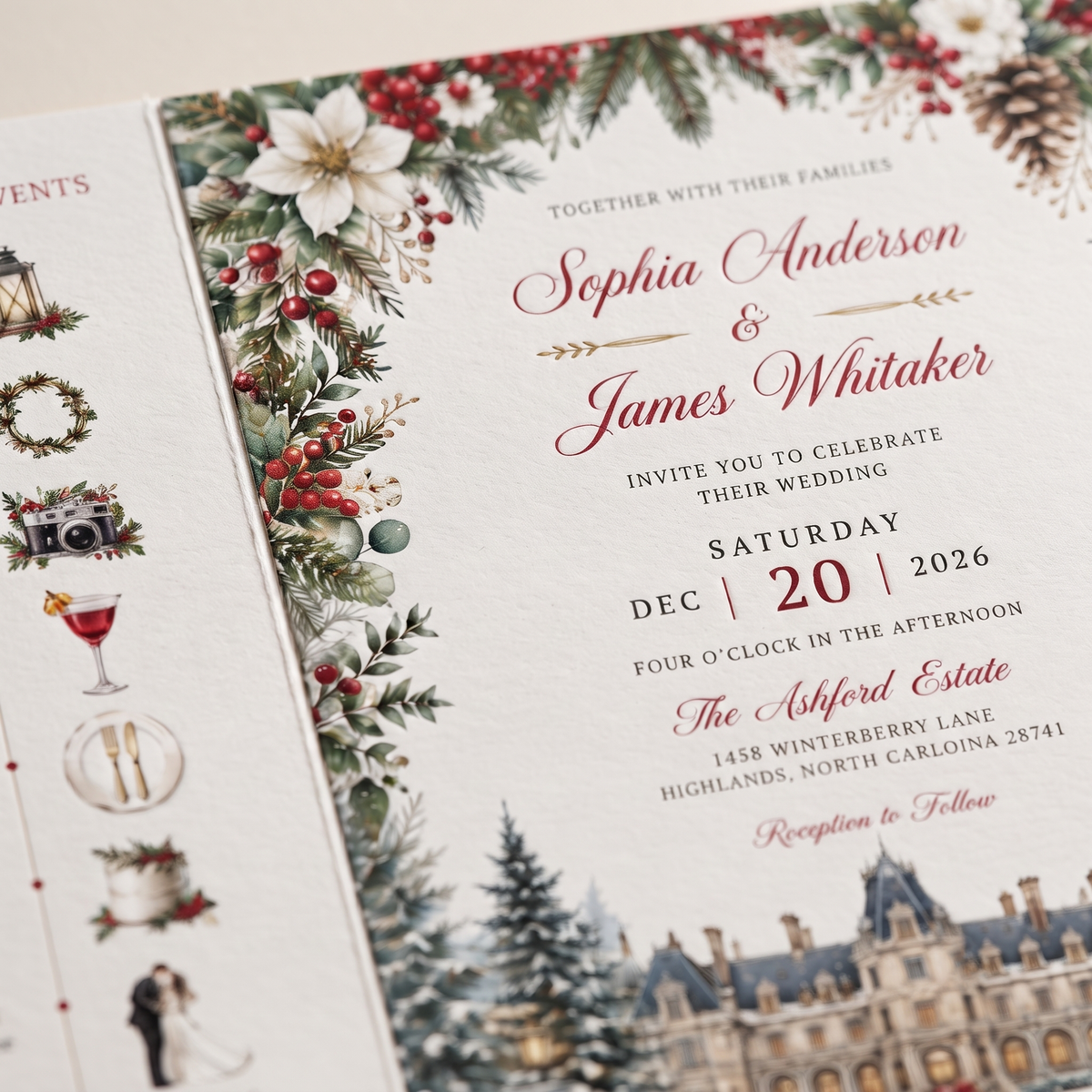 Christmas Wedding Invitation Suite, Winter Wedding Invitations, Snowy Chateau Wedding, Holiday Floral Wedding Invite, Personalized Wedding Stationery