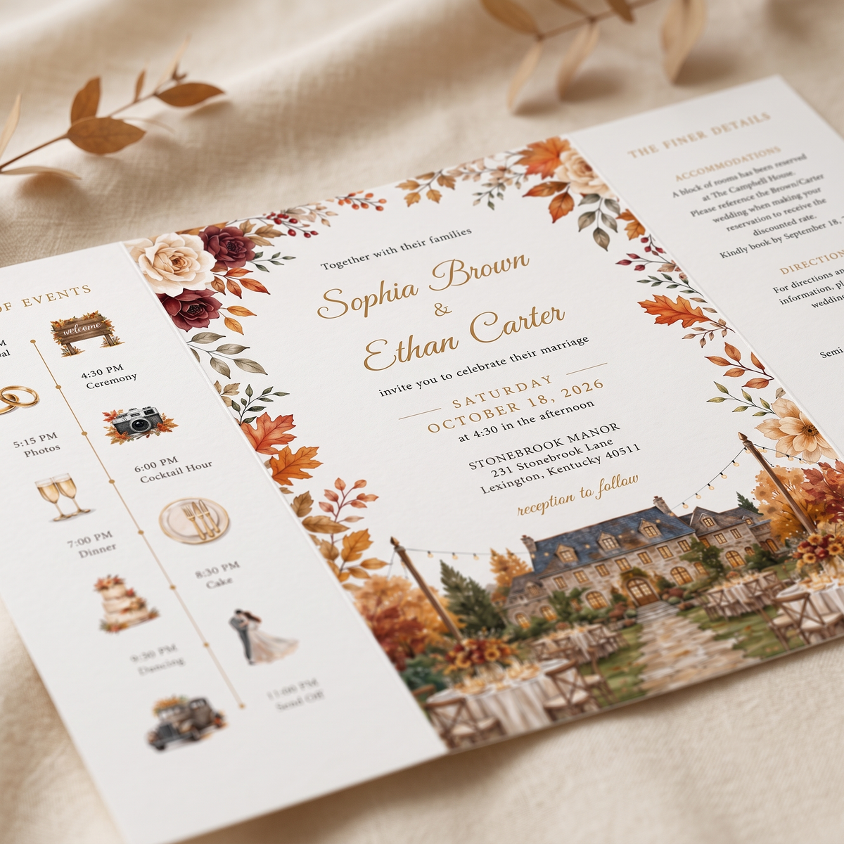 Fall Wedding Invitations, Rustic Autumn Wedding Invitation Suite, Personalized Floral Wedding Invites, Elegant Pumpkin Wedding Stationery