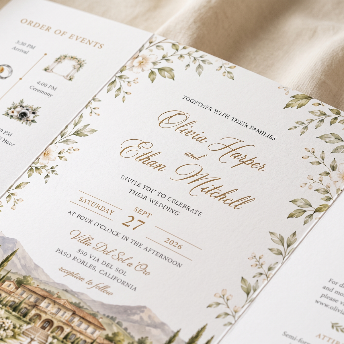 Custom Italian Villa Wedding Invitations, Watercolor Venue Illustration, Elegant Floral Wedding Invitation Suite, Luxury Personalized Stationery