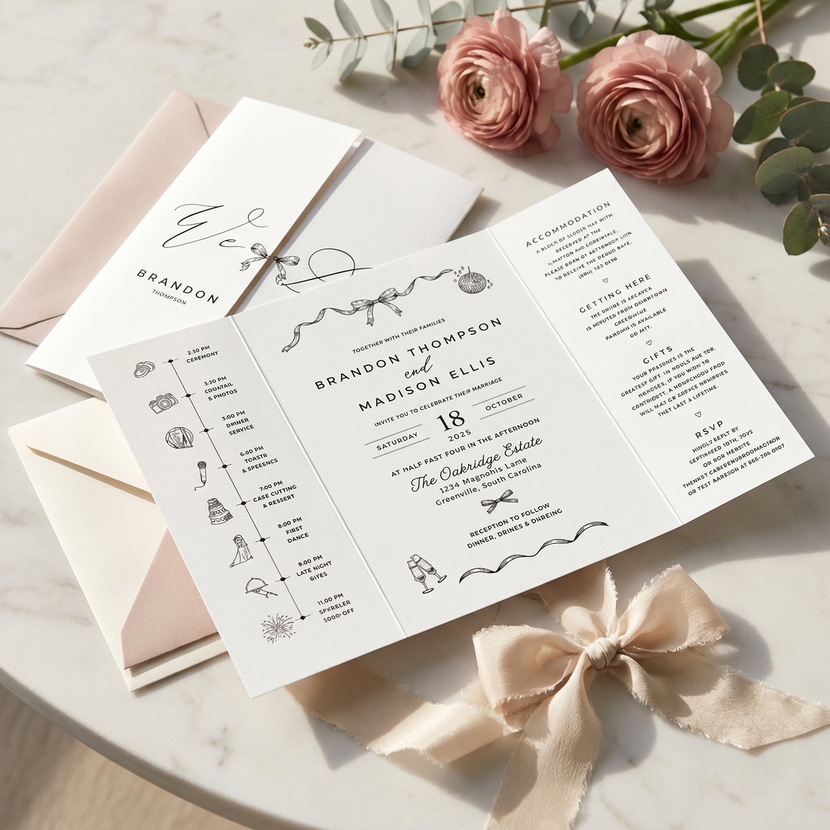 Personalized Monogram Wedding Invitation, Elegant Bow Wedding Invitation Suite, Black and White Custom Wedding Stationery