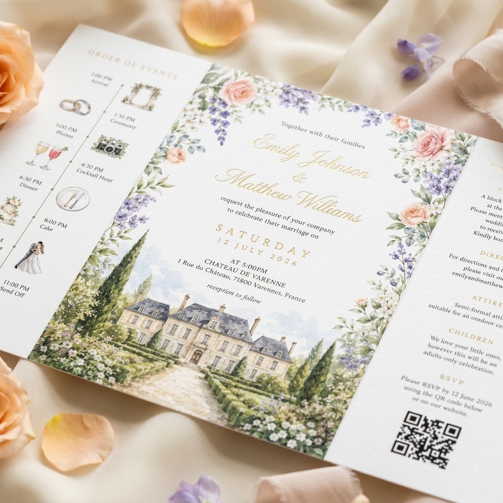 Personalized Wedding Invitation, Custom Watercolor Wedding Venue Illustration, Luxury Floral Wedding Invitation Suite