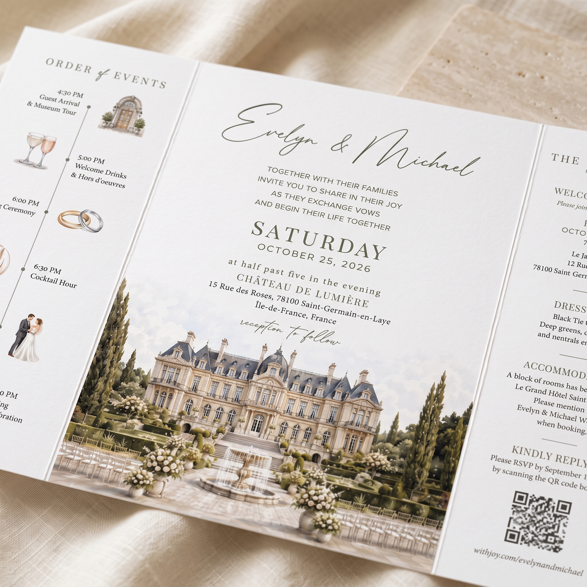 Personalized Château Wedding Invitation Suite | Luxury French Estate Wedding Invitations with Custom Venue Illustration & RSVP
